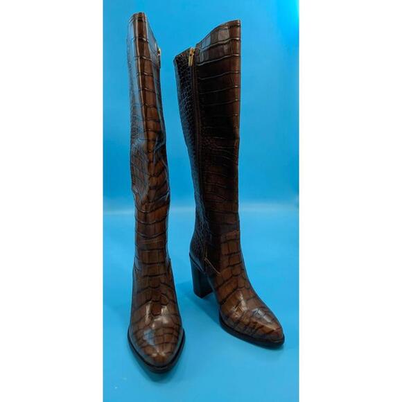 Vince Camuto Tall Shaft Leather Boots Pearlanie Glaze Croco in Rich Cocoa NWT 9 - Picture 2 of 8
